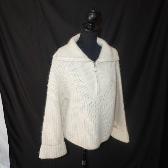 H&M Zip Chunky Alpaca Wool Creme Oversized Cable Knit Funnel Collar Sweater S - Picture 3 of 9